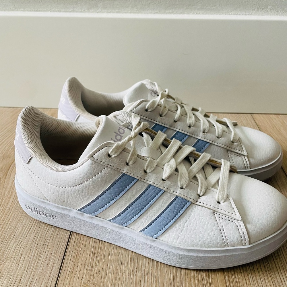 Adidas Classic Cloud Foam Baby Blue and White Leather Sneakers.